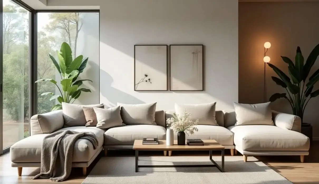 Cozy modern living room with stylish furniture and decor.
