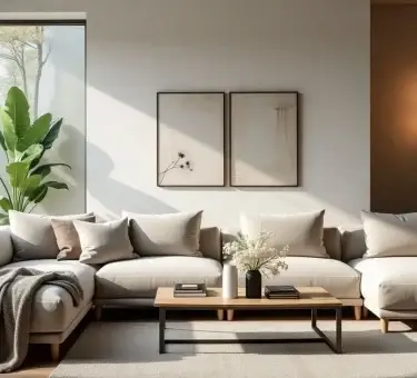 Cozy modern living room with stylish furniture and decor.