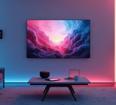 Futuristic living room with integrated smart home devices.