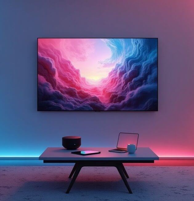 Futuristic living room with integrated smart home devices.