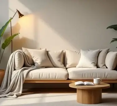 Cozy relaxation space with cushions and indoor plants.