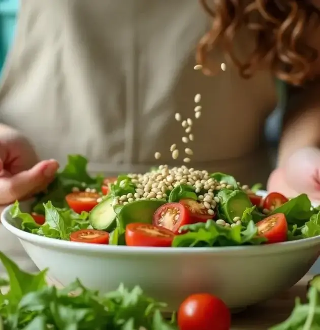 Woman preparing a fresh salad with colorful ingredients.