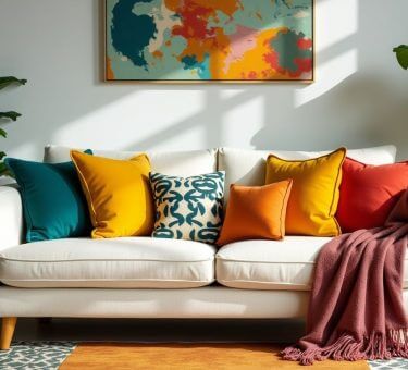 Colorful living room with vibrant decor and cozy elements.