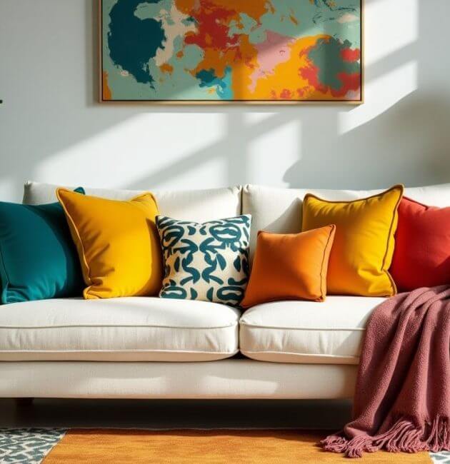Colorful living room with vibrant decor and cozy elements.