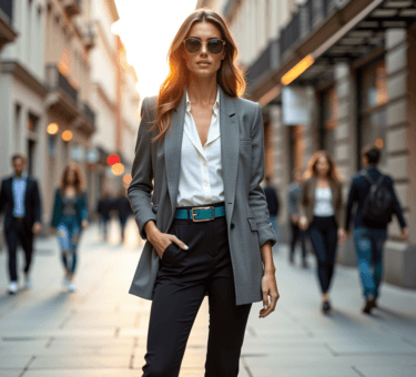 A stylish woman rocking 2025 fashion trends with an oversized blazer in three looks: work-ready, casual, and night-out chic.