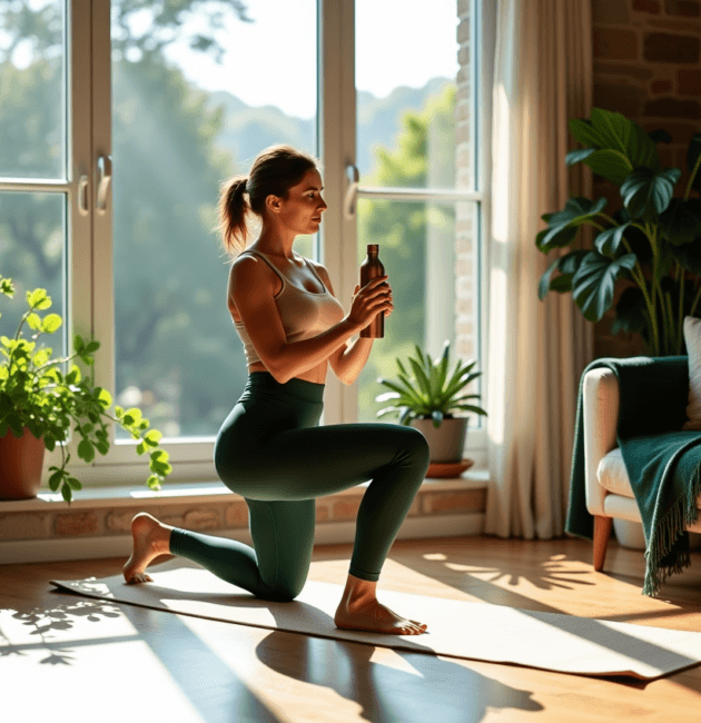 A stylish woman stretching in a living room, showcasing how to boost daily wellness habits 2025.