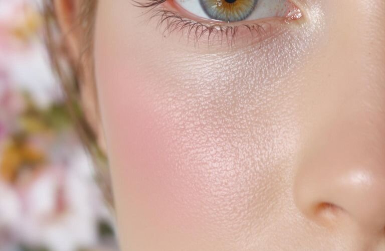 Close-up portrait of fresh spring makeup with soft pastel colors.