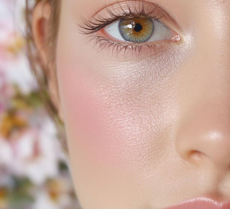 Close-up portrait of fresh spring makeup with soft pastel colors.
