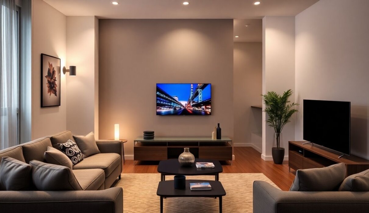 Modern living room with integrated smart home technology.