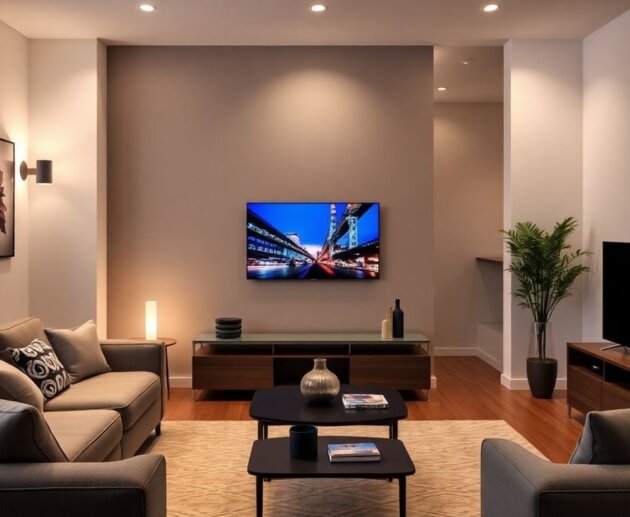Modern living room with integrated smart home technology.
