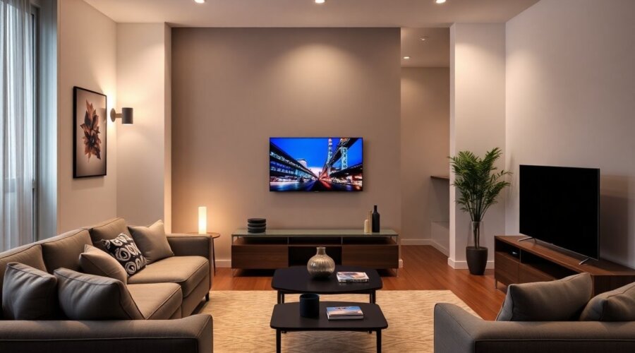 Modern living room with integrated smart home technology.