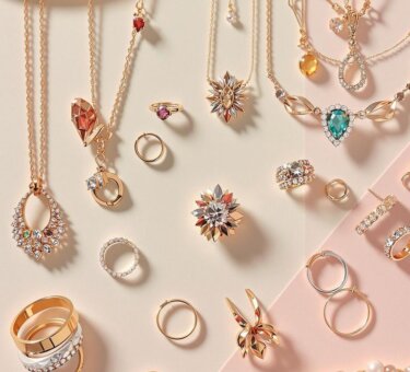 Photo of stylish jewelry pieces with modern, gleaming design details.