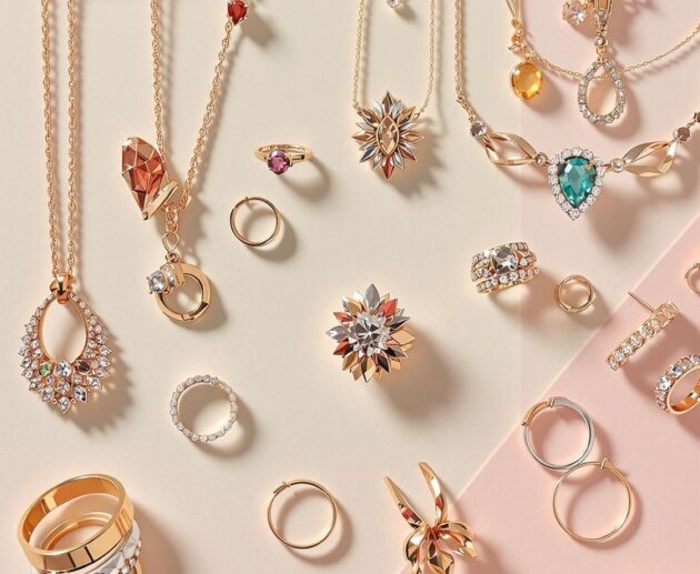 Photo of stylish jewelry pieces with modern, gleaming design details.