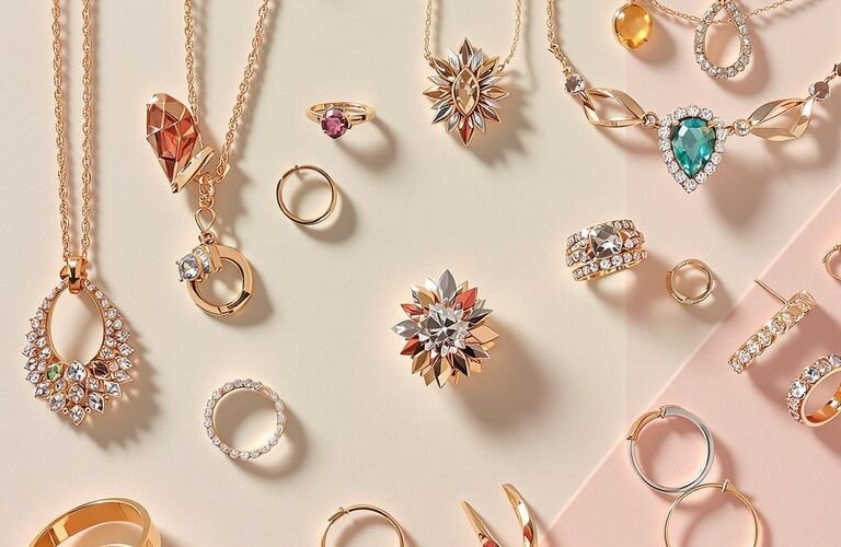 Photo of stylish jewelry pieces with modern, gleaming design details.