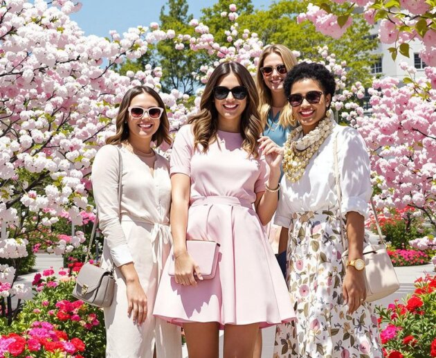 Photograph of vibrant diverse women in stunning spring pastel outfits.