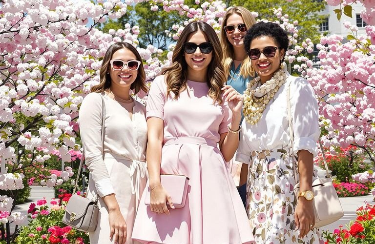 Photograph of vibrant diverse women in stunning spring pastel outfits.