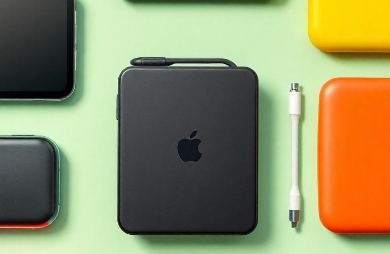 Stylish tech gadgets arranged aesthetically on a modern surface.