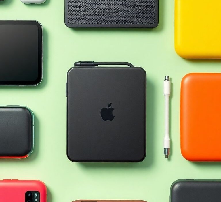 Stylish tech gadgets arranged aesthetically on a modern surface.