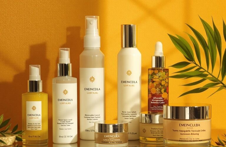 Indian skincare products displayed vibrantly with natural lighting and colors.
