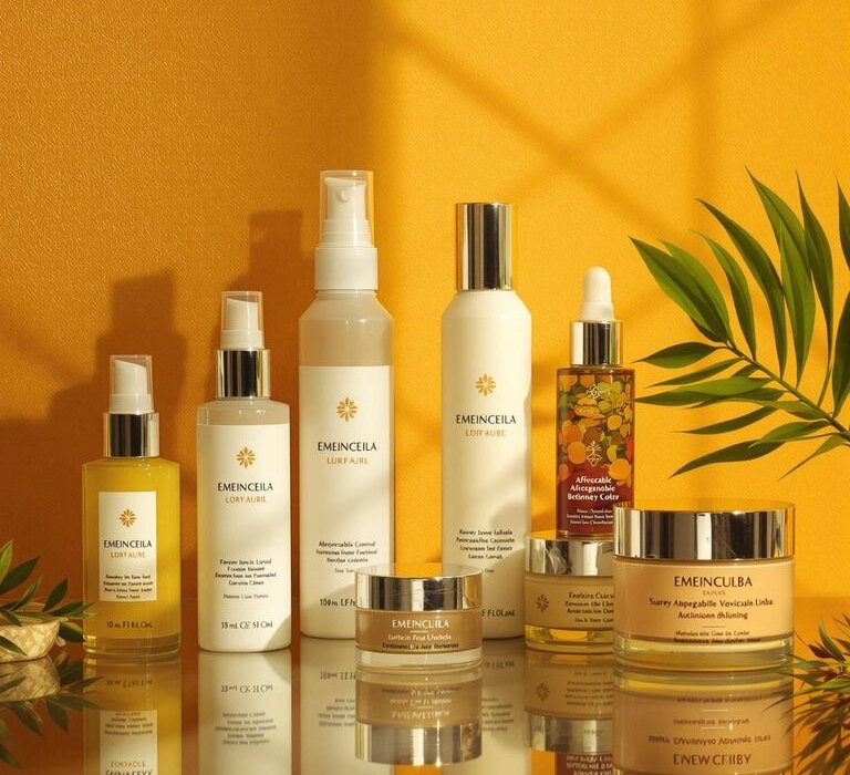 Indian skincare products displayed vibrantly with natural lighting and colors.